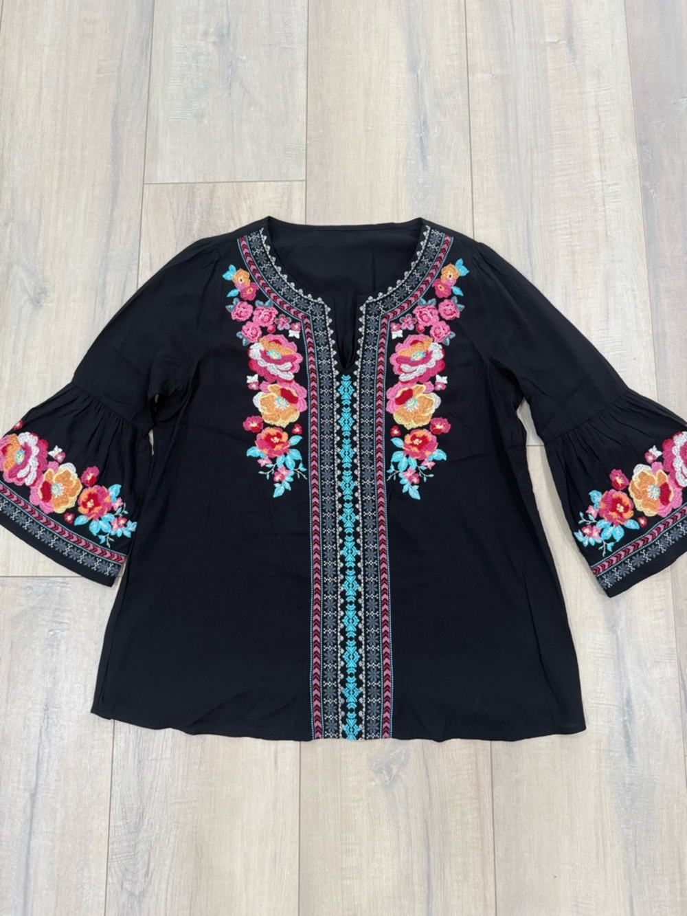 Embroidered Black Floral Bell-Sleeve Blouse